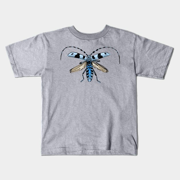 rosalia longicorn - blue alpine beetle in flight Kids T-Shirt by kobyakov